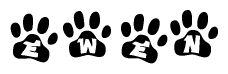 The image shows a row of animal paw prints, each containing a letter. The letters spell out the word Ewen within the paw prints.