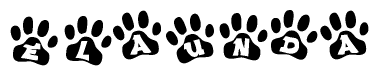 The image shows a series of animal paw prints arranged horizontally. Within each paw print, there's a letter; together they spell Elaunda