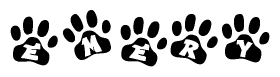 The image shows a series of animal paw prints arranged in a horizontal line. Each paw print contains a letter, and together they spell out the word Emery.