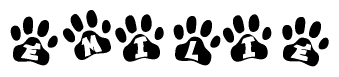 The image shows a series of animal paw prints arranged in a horizontal line. Each paw print contains a letter, and together they spell out the word Emilie.