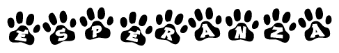 The image shows a row of animal paw prints, each containing a letter. The letters spell out the word Esperanza within the paw prints.