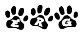 The image shows a row of animal paw prints, each containing a letter. The letters spell out the word Erg within the paw prints.