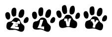 The image shows a series of animal paw prints arranged horizontally. Within each paw print, there's a letter; together they spell Elvy