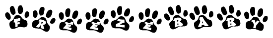 The image shows a row of animal paw prints, each containing a letter. The letters spell out the word Freezebaby within the paw prints.