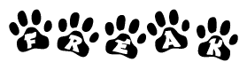 The image shows a series of animal paw prints arranged horizontally. Within each paw print, there's a letter; together they spell Freak