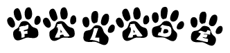 The image shows a series of animal paw prints arranged in a horizontal line. Each paw print contains a letter, and together they spell out the word Falade.