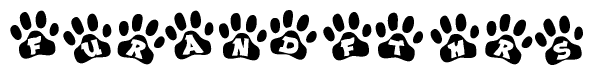 The image shows a series of animal paw prints arranged horizontally. Within each paw print, there's a letter; together they spell Furandfthrs