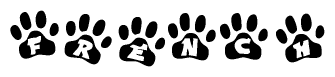 The image shows a series of animal paw prints arranged horizontally. Within each paw print, there's a letter; together they spell French