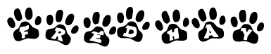 The image shows a series of animal paw prints arranged horizontally. Within each paw print, there's a letter; together they spell Fredhay
