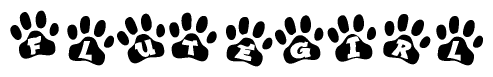 The image shows a series of animal paw prints arranged horizontally. Within each paw print, there's a letter; together they spell Flutegirl
