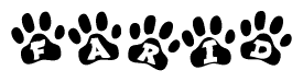 The image shows a row of animal paw prints, each containing a letter. The letters spell out the word Farid within the paw prints.