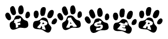 The image shows a series of animal paw prints arranged horizontally. Within each paw print, there's a letter; together they spell Fraser