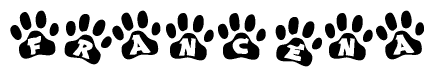 The image shows a series of animal paw prints arranged in a horizontal line. Each paw print contains a letter, and together they spell out the word Francena.
