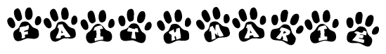 The image shows a series of animal paw prints arranged horizontally. Within each paw print, there's a letter; together they spell Faithmarie