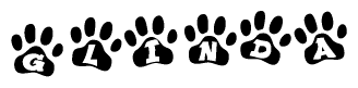 The image shows a row of animal paw prints, each containing a letter. The letters spell out the word Glinda within the paw prints.