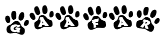 The image shows a series of animal paw prints arranged in a horizontal line. Each paw print contains a letter, and together they spell out the word Gaafar.