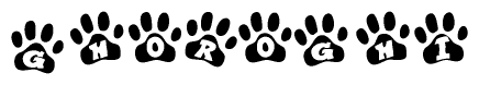 The image shows a row of animal paw prints, each containing a letter. The letters spell out the word Ghoroghi within the paw prints.