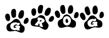 The image shows a series of animal paw prints arranged in a horizontal line. Each paw print contains a letter, and together they spell out the word Grog.