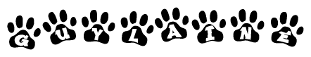 The image shows a series of animal paw prints arranged in a horizontal line. Each paw print contains a letter, and together they spell out the word Guylaine.