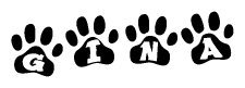The image shows a series of animal paw prints arranged in a horizontal line. Each paw print contains a letter, and together they spell out the word Gina.