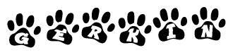 The image shows a series of animal paw prints arranged horizontally. Within each paw print, there's a letter; together they spell Gerkin