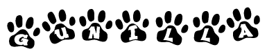 The image shows a row of animal paw prints, each containing a letter. The letters spell out the word Gunilla within the paw prints.