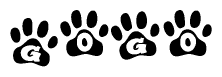 The image shows a series of animal paw prints arranged horizontally. Within each paw print, there's a letter; together they spell Gogo