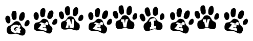 The image shows a row of animal paw prints, each containing a letter. The letters spell out the word Genevieve within the paw prints.