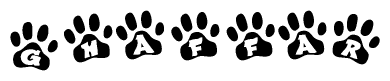 The image shows a series of animal paw prints arranged in a horizontal line. Each paw print contains a letter, and together they spell out the word Ghaffar.
