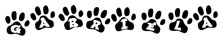 The image shows a row of animal paw prints, each containing a letter. The letters spell out the word Gabriela within the paw prints.