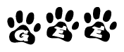 The image shows a series of animal paw prints arranged in a horizontal line. Each paw print contains a letter, and together they spell out the word Gee.