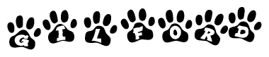 The image shows a series of animal paw prints arranged in a horizontal line. Each paw print contains a letter, and together they spell out the word Gilford.