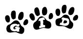 The image shows a series of animal paw prints arranged in a horizontal line. Each paw print contains a letter, and together they spell out the word Gid.