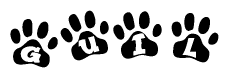 The image shows a series of animal paw prints arranged in a horizontal line. Each paw print contains a letter, and together they spell out the word Guil.