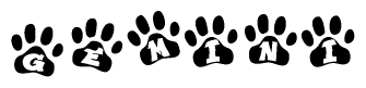 The image shows a series of animal paw prints arranged horizontally. Within each paw print, there's a letter; together they spell Gemini