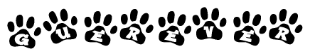 The image shows a row of animal paw prints, each containing a letter. The letters spell out the word Guerever within the paw prints.
