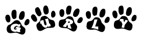 The image shows a row of animal paw prints, each containing a letter. The letters spell out the word Gurly within the paw prints.
