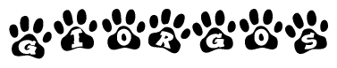 The image shows a series of animal paw prints arranged in a horizontal line. Each paw print contains a letter, and together they spell out the word Giorgos.