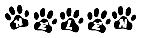 The image shows a series of animal paw prints arranged in a horizontal line. Each paw print contains a letter, and together they spell out the word Helen.
