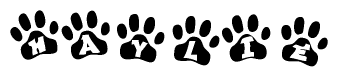 The image shows a series of animal paw prints arranged horizontally. Within each paw print, there's a letter; together they spell Haylie