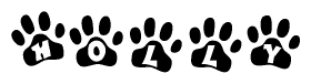 The image shows a row of animal paw prints, each containing a letter. The letters spell out the word Holly within the paw prints.