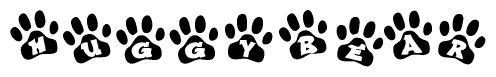 The image shows a row of animal paw prints, each containing a letter. The letters spell out the word Huggybear within the paw prints.