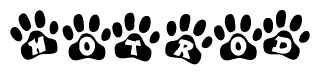 The image shows a series of animal paw prints arranged horizontally. Within each paw print, there's a letter; together they spell Hotrod