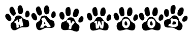 The image shows a series of animal paw prints arranged in a horizontal line. Each paw print contains a letter, and together they spell out the word Haywood.
