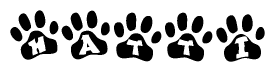 The image shows a row of animal paw prints, each containing a letter. The letters spell out the word Hatti within the paw prints.