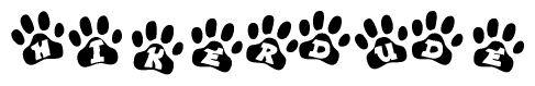 The image shows a series of animal paw prints arranged horizontally. Within each paw print, there's a letter; together they spell Hikerdude