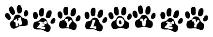 The image shows a series of animal paw prints arranged horizontally. Within each paw print, there's a letter; together they spell Heylovey