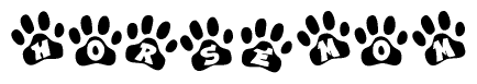 The image shows a series of animal paw prints arranged horizontally. Within each paw print, there's a letter; together they spell Horsemom