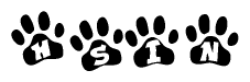 The image shows a series of animal paw prints arranged in a horizontal line. Each paw print contains a letter, and together they spell out the word Hsin.