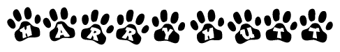 The image shows a series of animal paw prints arranged in a horizontal line. Each paw print contains a letter, and together they spell out the word Harryhutt.